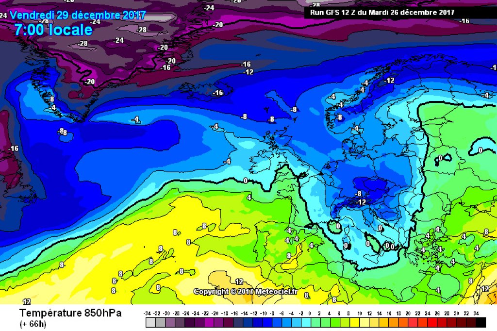 Temperatures in the 850hPa low: Still cold on Friday before the westerly current blows milder air masses into the Alpine region.