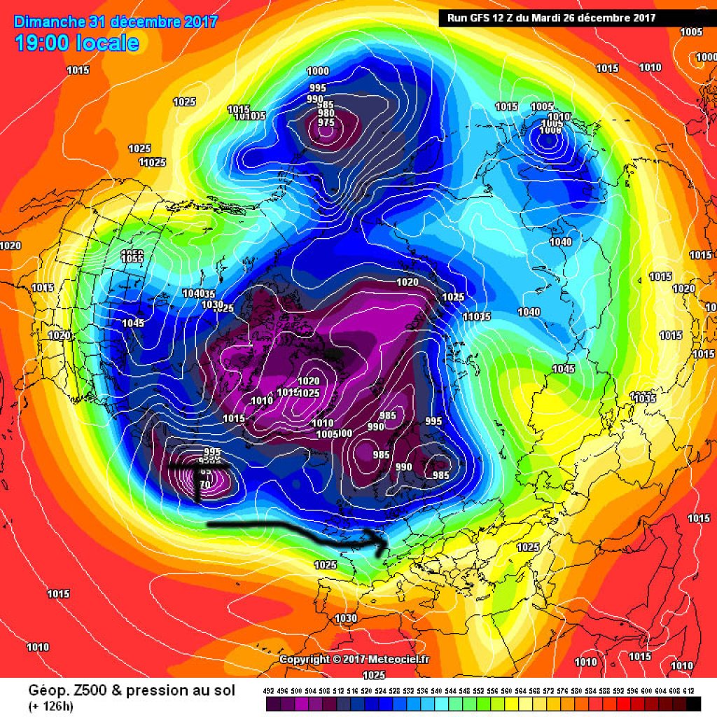 500hPa geopotential in the northern hemisphere view, forecast for New Year's Eve. Cold air over the northeast of the American continent will bring Atlantic lows to us on the western track.