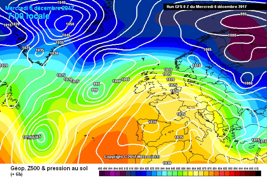 500hPa geopotential, today, Wednesday. Intermediate high pressure, inversion in the valleys, lots of sun in the mountains.