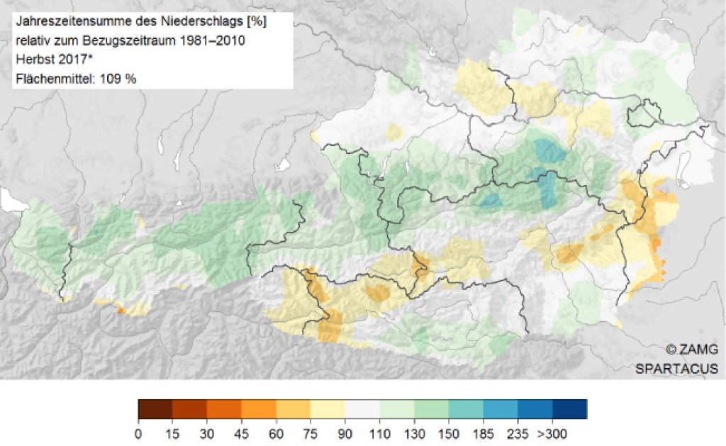 Precipitation deviation from the long-term average in fall in Austria.