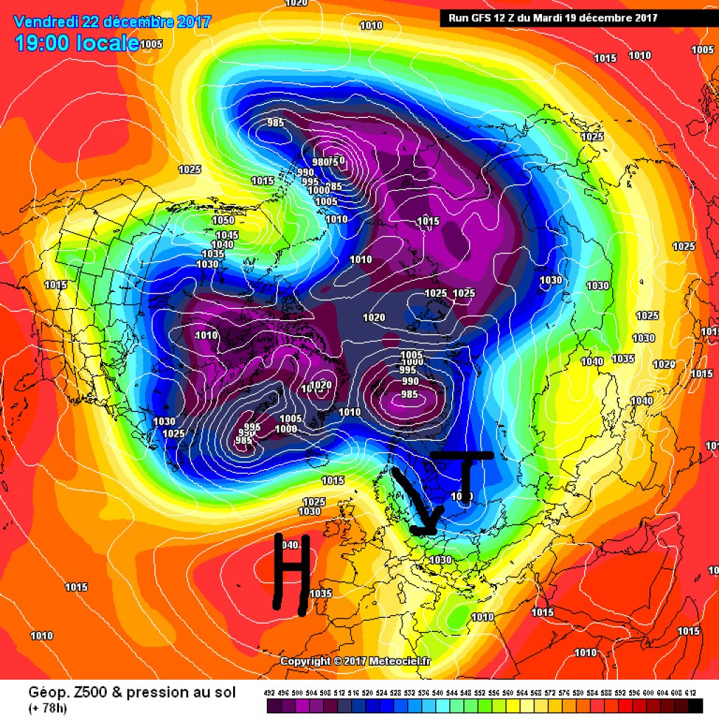 500hPa geopotential and ground pressure, forecast for Friday, 22.12. A surge of cold air will bring a brief wintry episode to the eastern Alps.