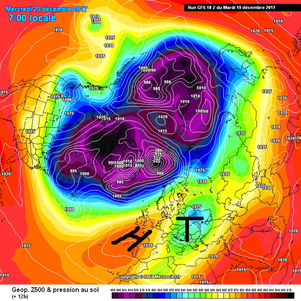 500hPa Geopotential and ground pressure, Wednesday, 20.12. A lopsided Azores high brings high pressure influence.