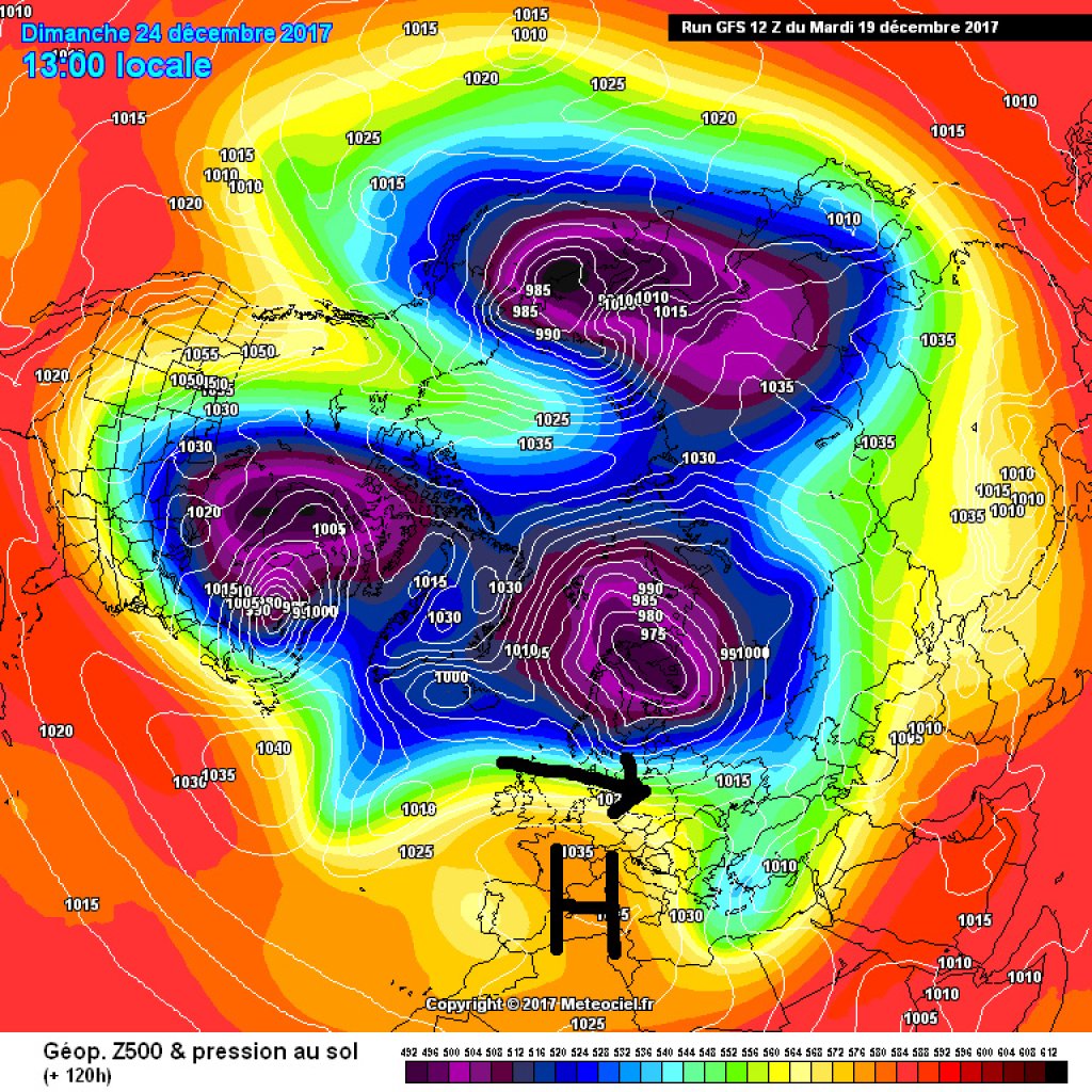 500hPa geopotential and ground pressure, forecast for Sunday, 24.12. Frontal zone far to the north, mild, fairly sunny weather in the Alpine region.