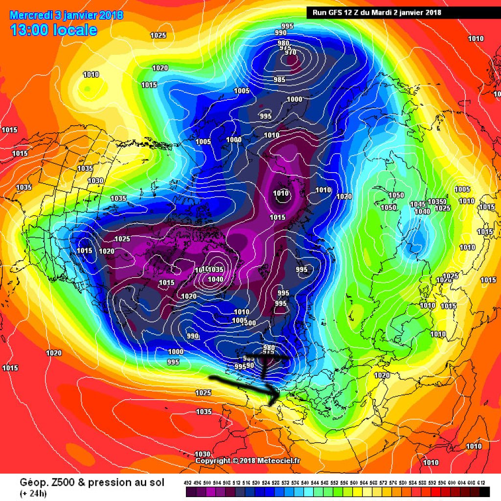 500hPa geopotential, northern hemisphere, 3. 1. 18. Fronts embedded in a strong westerly flow bring very turbulent weather to the Alpine region.