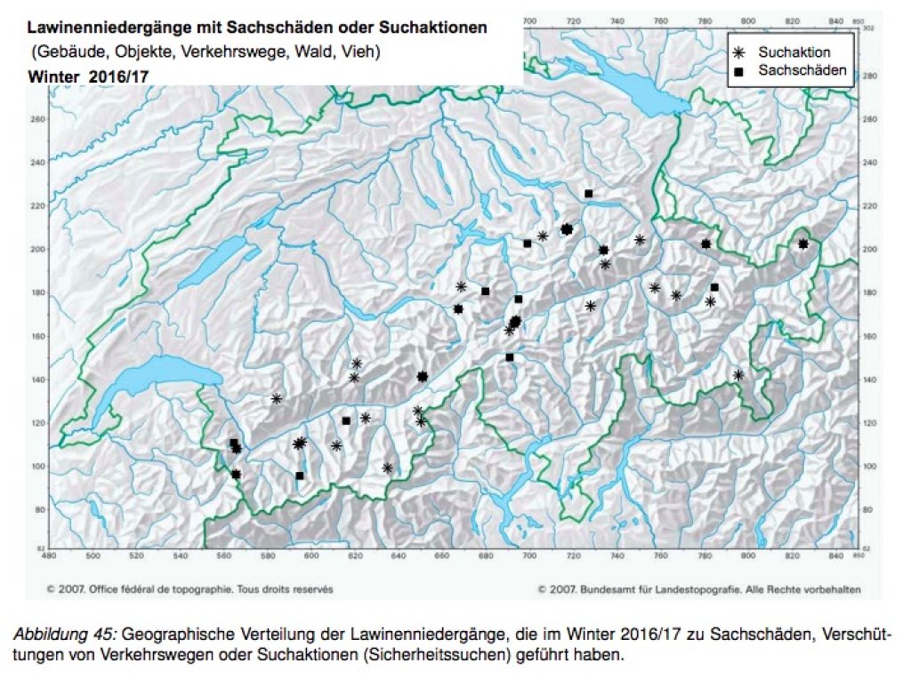 Distribution of damaging avalanches in Switzerland in 2016/17