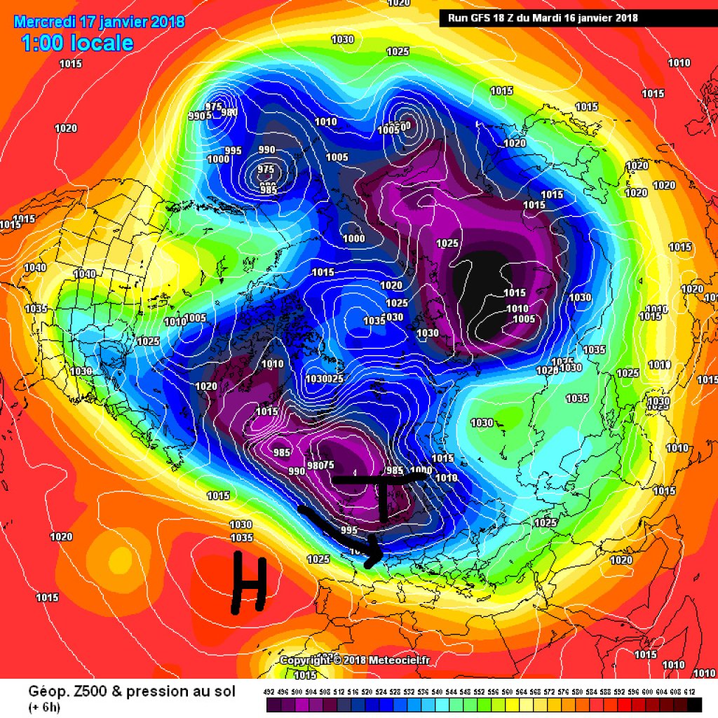 500hPa geopotential and ground pressure, Wednesday 17.1. A low with a core near Iceland sends one disturbance after another.