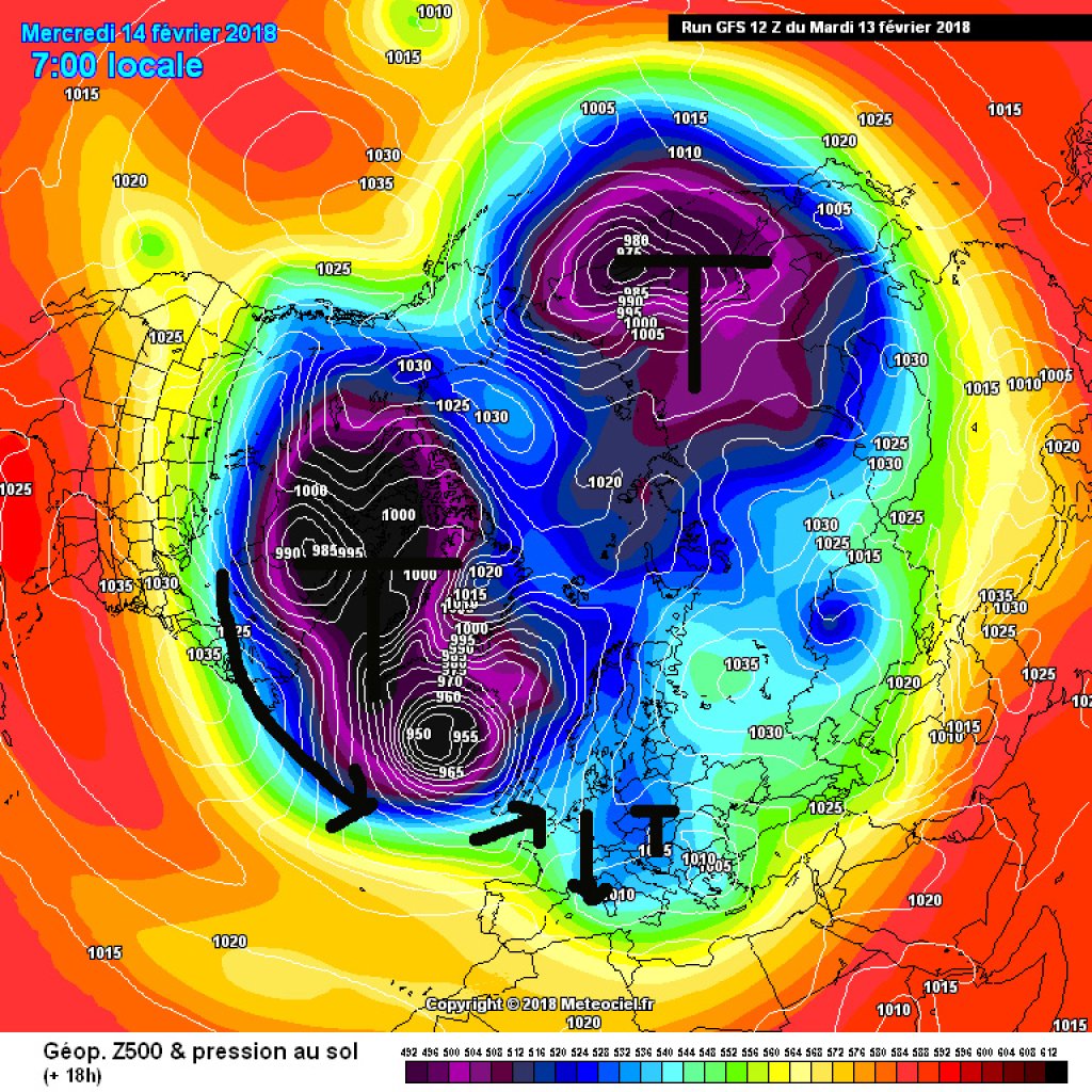 500hPa geopotential and ground pressure, northern hemisphere view, Wednesday 14.12. Divided polar vortex.