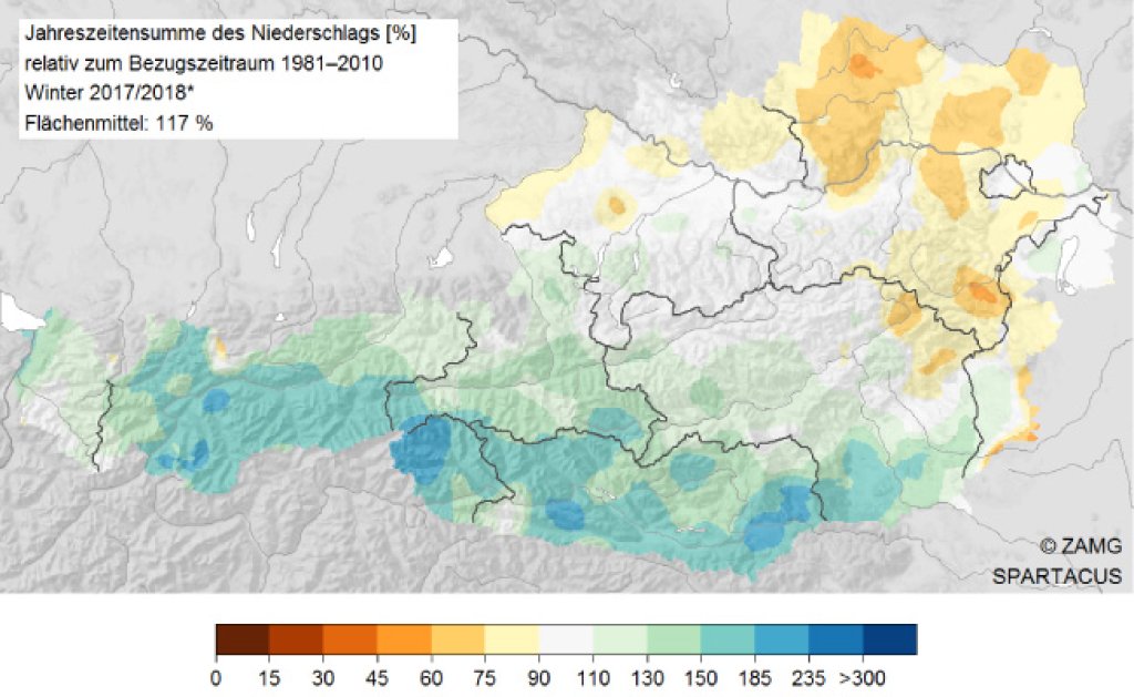 Precipitation deviation in winter 2017/18, Austria