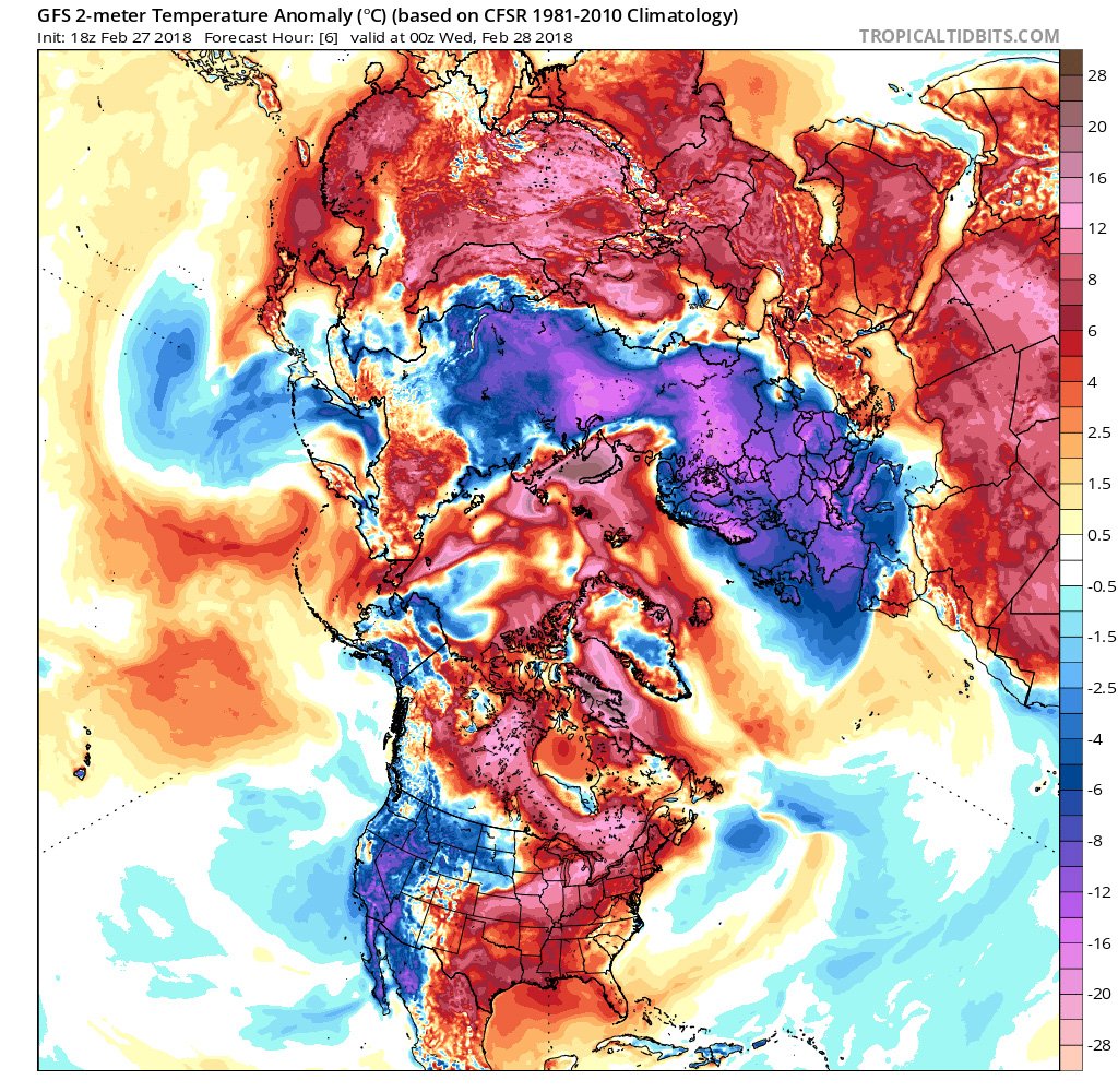 Deviation of 2m temperature: Europe very cold, Arctic tw very warm.