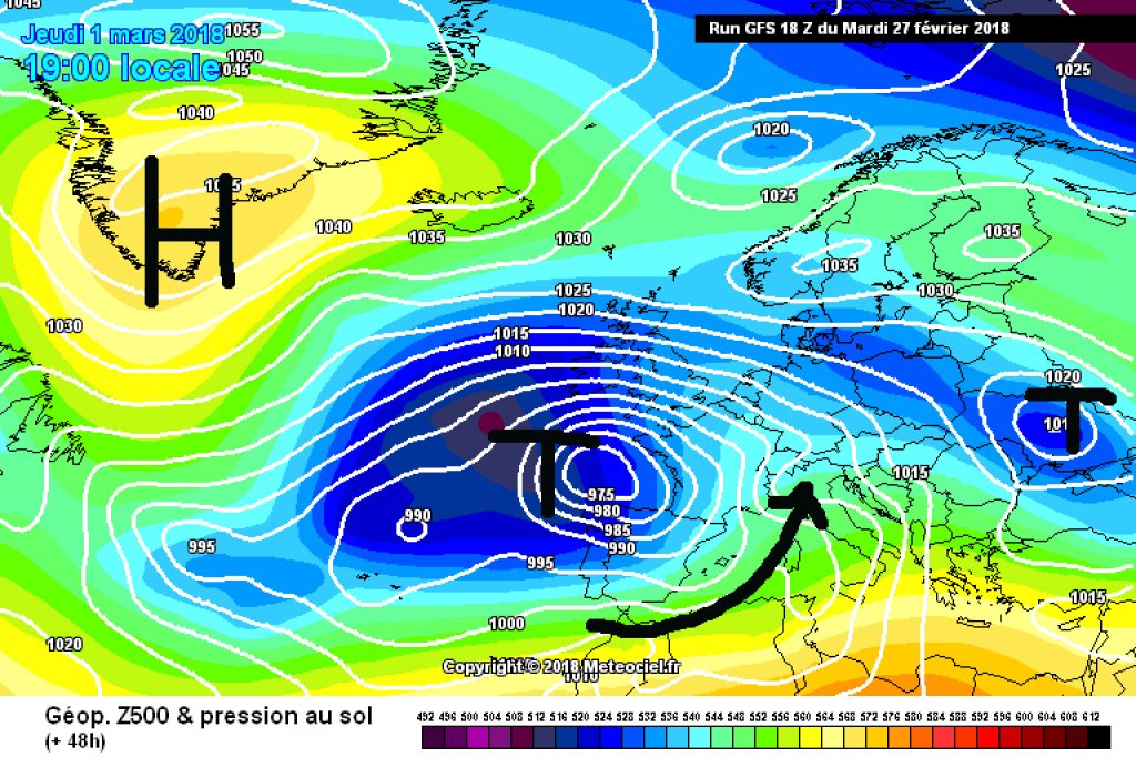 500hPa geopotential and ground pressure Thursday, 1.3. The Alps are moving into a SW current.