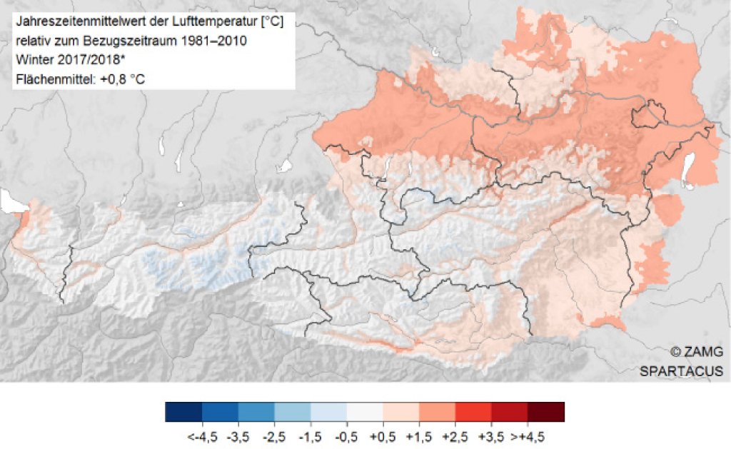 Temperature deviation in winter 2017/18, Austria