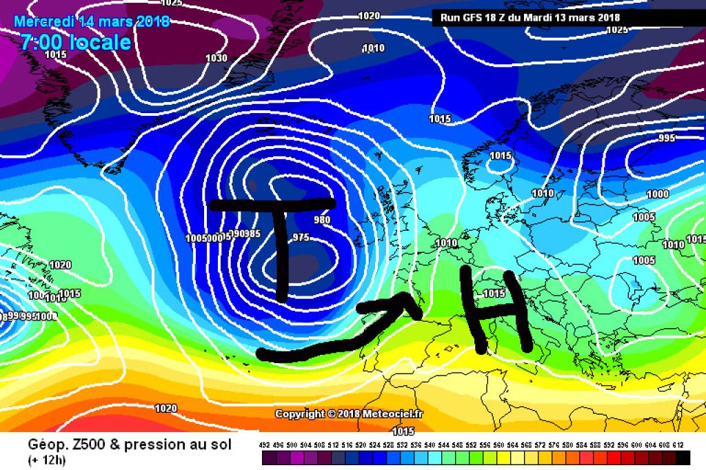 500hPa geopotential and ground pressure, Wednesday 14.3. The current high will soon have to give way to the powerful low that is already just around the corner.
