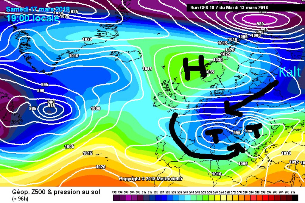 500hPa geopotential and ground pressure, Saturday 17.3. The low pressure may tap colder air masses in the east and it will be significantly cooler with a tendency towards gray weather.