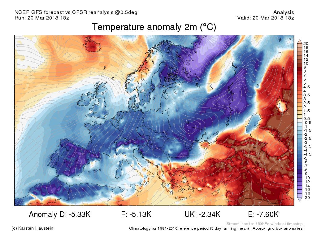 2m temperature anomaly, 20.3.: Cool start to spring in Europe.