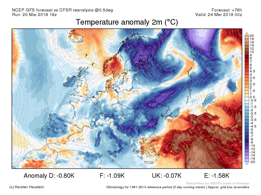 2m temperature anomaly, forecast 24.3.: moderate rise in temperature