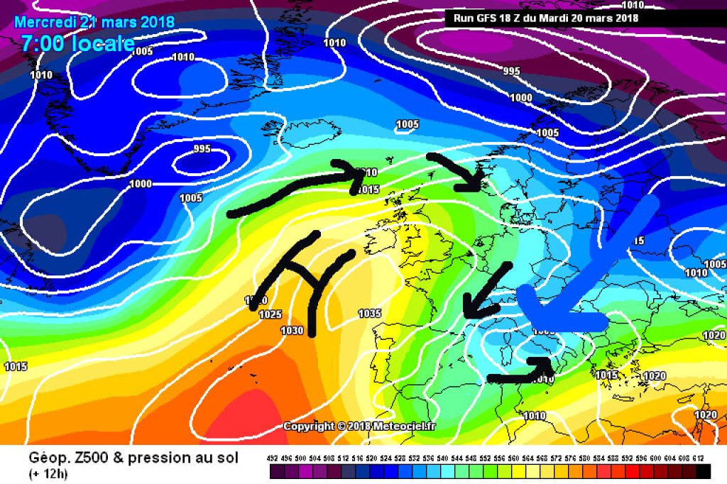500hPa Geopotential and ground pressure, Wednesday 21.3. High air pressure from the Azores to Scandinavia in combination with a small Mediterranean low will cause an easterly flow in the Alps.