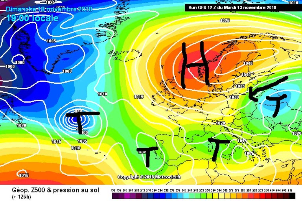 500hPa geopotential and ground pressure, forecast for Sunday, Nov. 18. High over northern Europe and low pressure trough form a high-over-low situation.