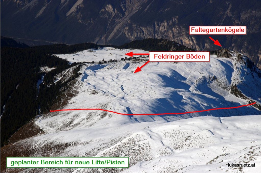 The expansion of the ski area mainly affects the area around the Schafjoch on the right of the picture. The Feldringer Böden will be touched.