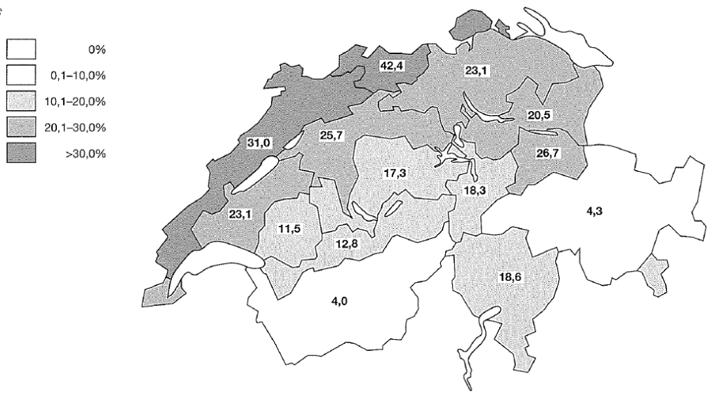 Percentage share of beech in economic areas of Switzerland (Brändli, 1998)