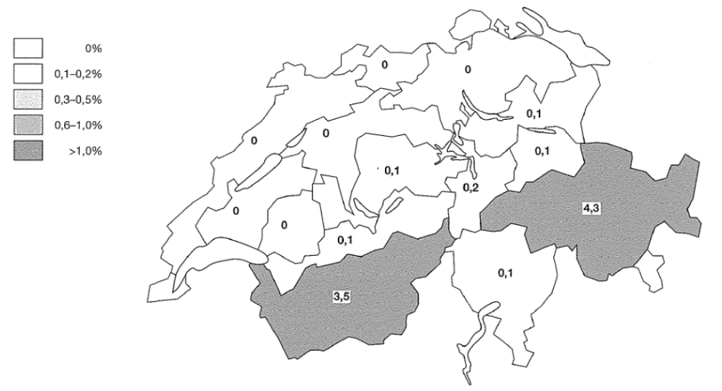 Percentage of Swiss stone pine in economic areas of Switzerland (Brändli, 1998)