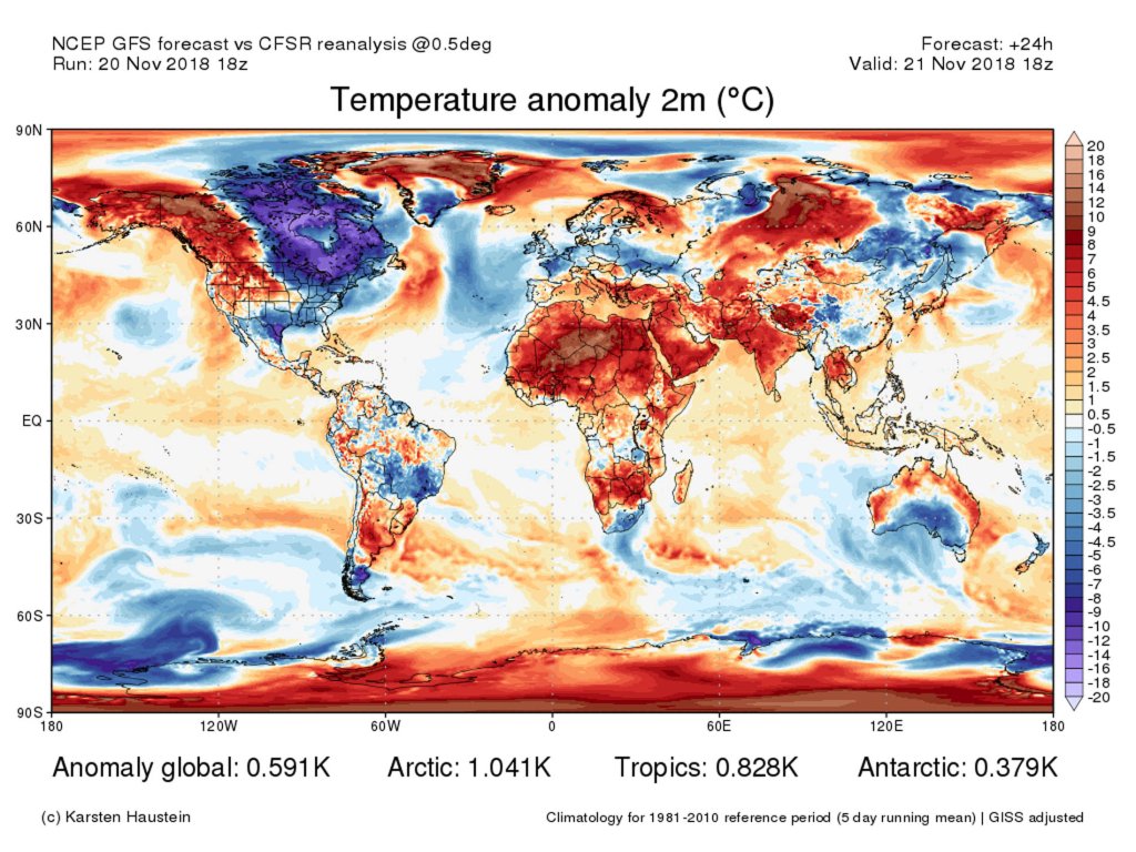 2m temperature anomaly, 21.11.18.: North America currently has a warm and a cold half, Greenland mostly much too warm.