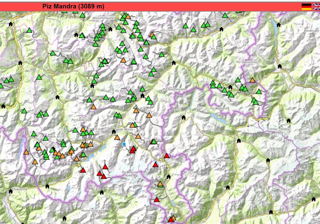 Skitourenguru evaluates all integrated ski touring routes with the current bulletin according to their potential risk. In addition to slope steepness and danger level, terrain characteristics such as slope size and forest cover as well as altitude and exposure of the danger areas according to the avalanche report are also used.