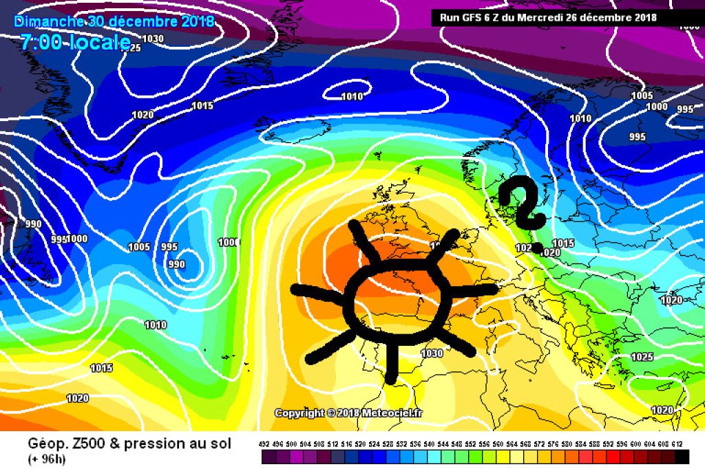 500hPa geopotential and ground pressure for Sunday, 30.12.18. A warm front is expected to become active in the east, which could (or could not) ensure a white New Year's Eve in the northern congestion. Continued sunshine in the west and south.