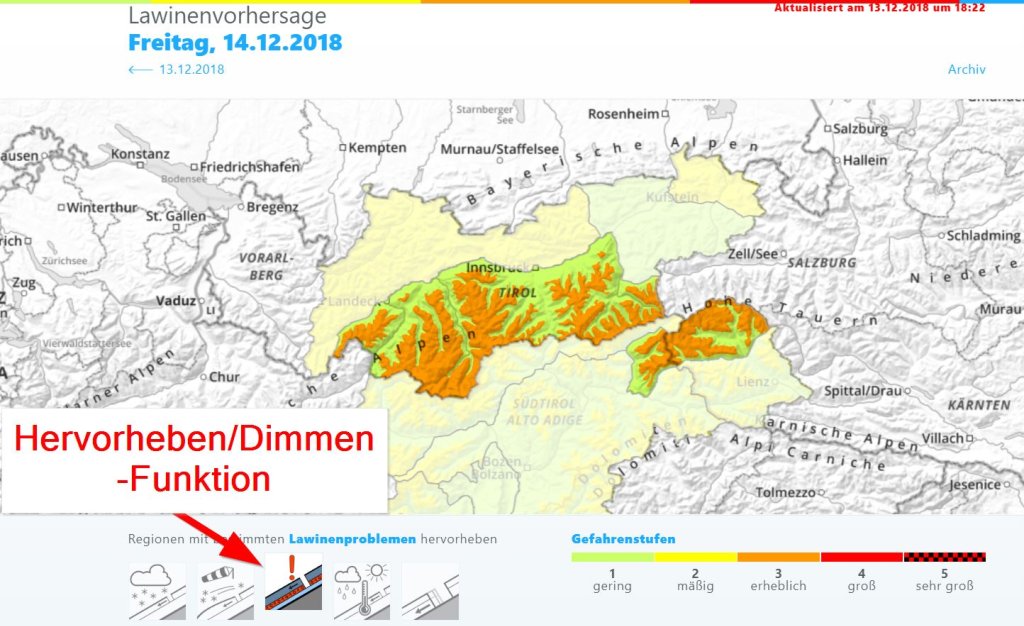 A globally unique function: highlight or switch off ("dim") areas with a certain avalanche problem. In this case, we have highlighted areas with an old snow problem.