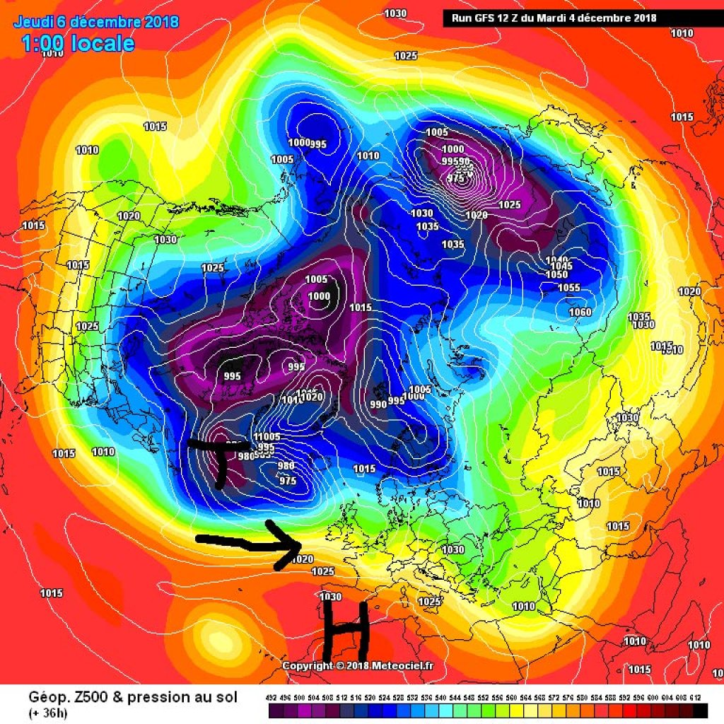 500hPa geopotential and surface pressure for Thursday, 6.12. Cold air flows into the North Atlantic and stimulates the development of low pressure there, unstable, mild westerly weather for Central Europe.