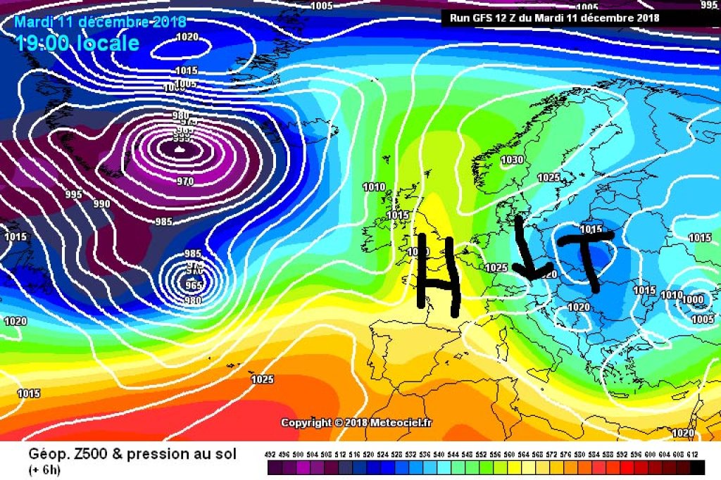 500hPa geopotential and ground pressure from last Tuesday. Marilou will be pushed to the east by the high, but will still bring north/northwest accumulating snow to the eastern Alps on Tuesday.
