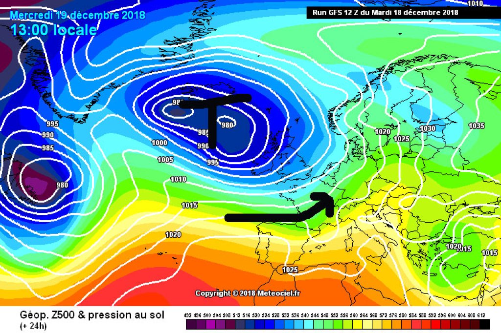 500hPa geopotential and ground pressure, Wednesday 19.12.: A low pressure system over the British Isles will cause changeable westerly weather in the Alpine region.