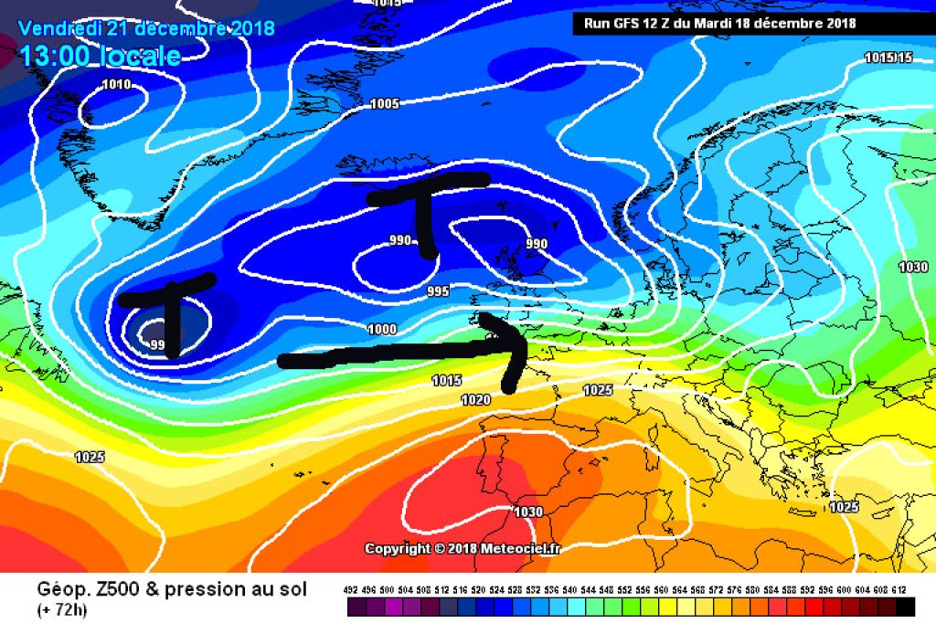 500hPa Geopotential and ground pressure, Friday 21.12. Embedded in a strong westerly flow, various fronts will reach the Alpine region.