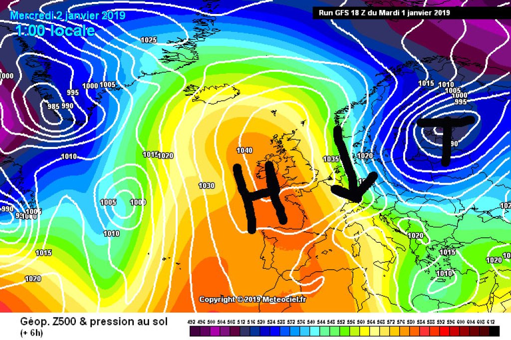 500hPa geopotential and ground pressure for Wednesday, 2.1.19. Between a largely stationary high over Central Europe and a low in the east, the Eastern Alps lie in a humid northerly flow.