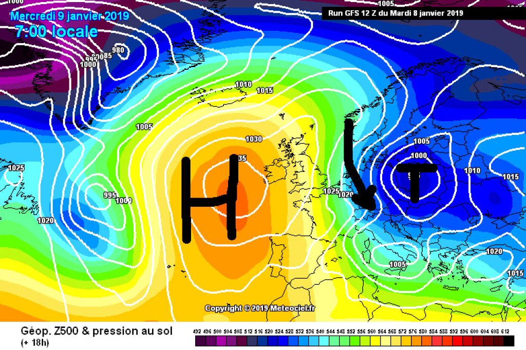 500hPa geopotential and ground pressure, today, Wednesday 9.1.2019. Between a high over the western Atlantic and a low in the east, the Alps are in a strong northerly flow, which will again bring heavy snowfall.