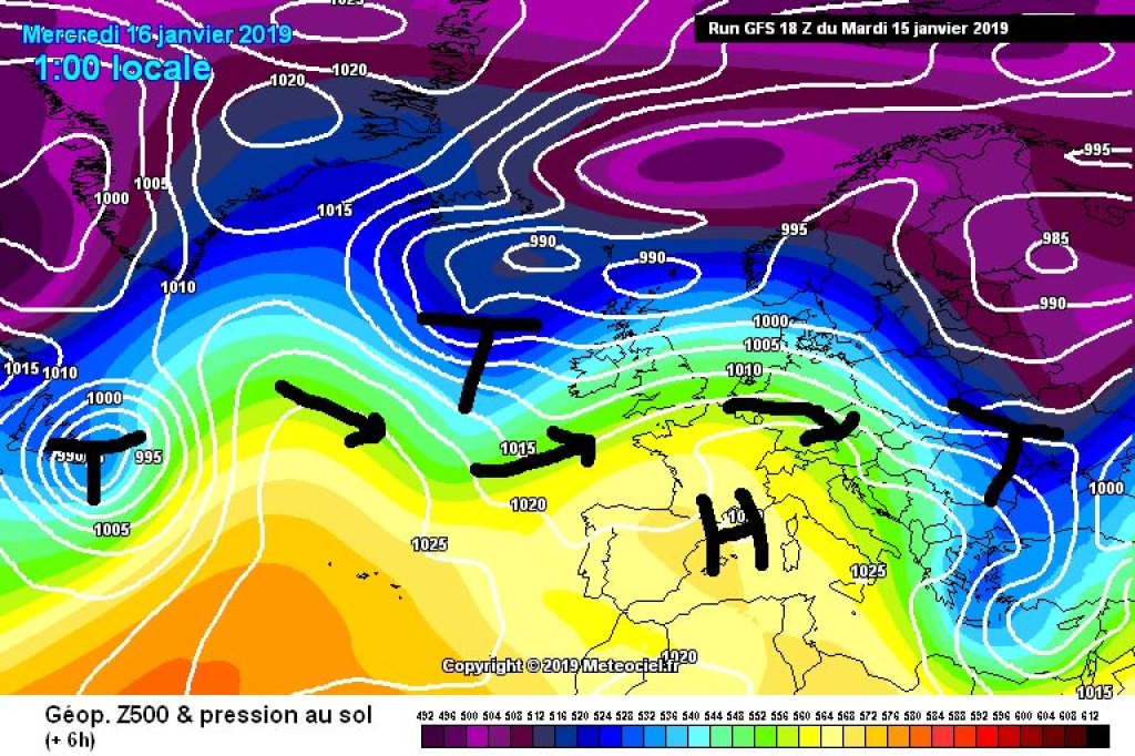500hPa geopotential and ground pressure, Wednesday 16.1. Intermediate high pressure influence in the Alpine region. Embedded in a westerly flow, several shallow wave ridges and valleys are approaching, which will ensure changeable, unsettled weather over the next few days.