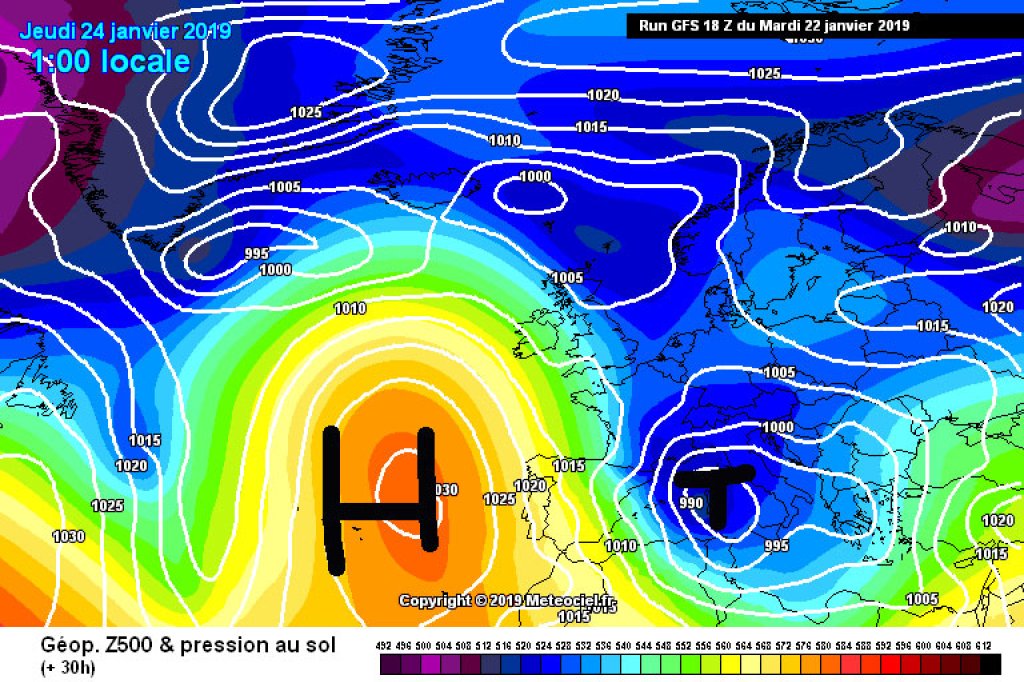 500hPa geopotential and ground pressure, Thursday, 24.1.19. The genoa low is slowly moving eastwards.