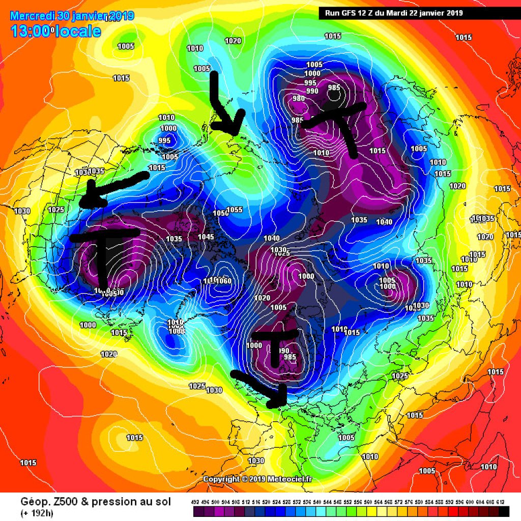 500hPa geopotential and ground pressure, northern hemisphere, exemplary map for Wednesday, 30.1.19. Strongly disturbed polar vortex.