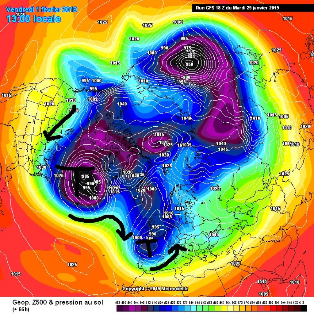 500hPa geopotential and ground pressure, Friday 1.2.19. SW flow in the Alpine region - südstau & north föhn.