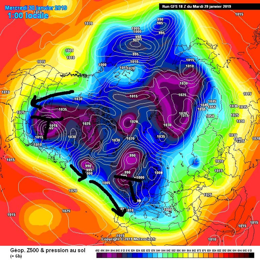 500hPa geopotential and ground pressure, Wednesday 30.1.19. Cold air masses over NE Canada stimulate Atlantic low pressure activity.