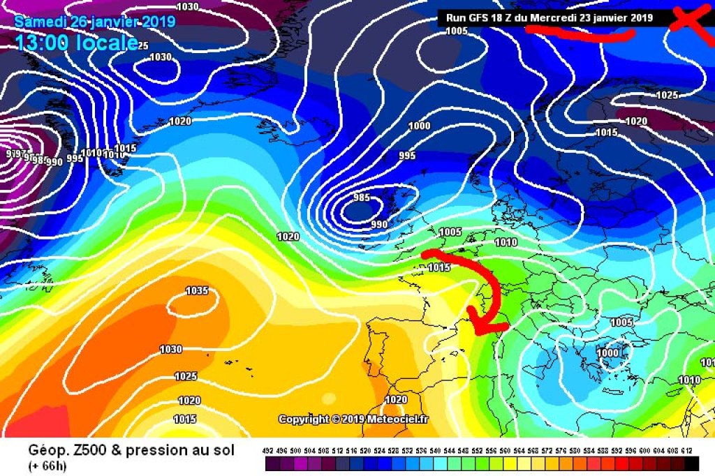 500hPa geopotential and ground pressure, forecast for Saturday (26.1.) from Wednesday (23.1.)