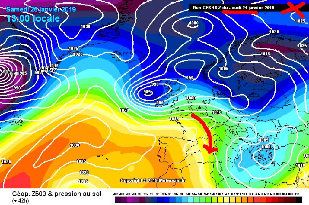 500hPa geopotential and ground pressure, forecast for Saturday (26.1.) from Thursday (24.1.)