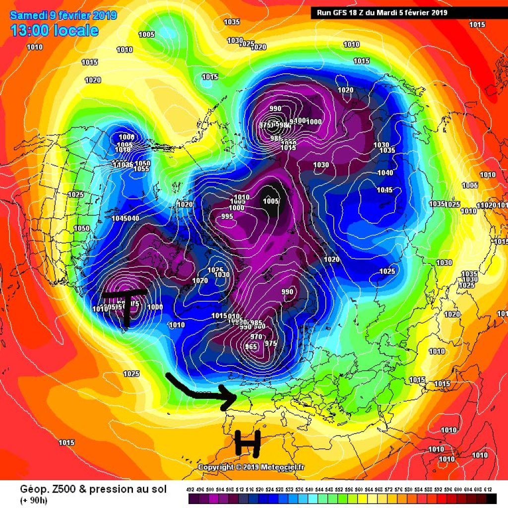 500hPa geopotential and ground pressure, Saturday 9.2.2019. The westerly weather will stay with us for the time being.