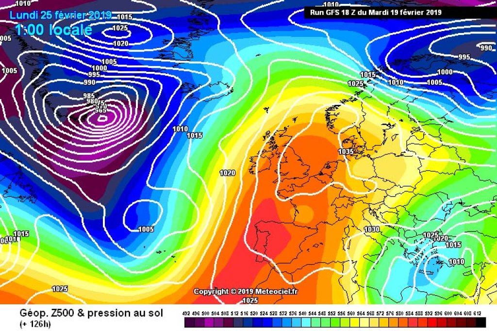 500hPa geopotential and ground pressure, exemplary map for Mon, 25.2.2019. R