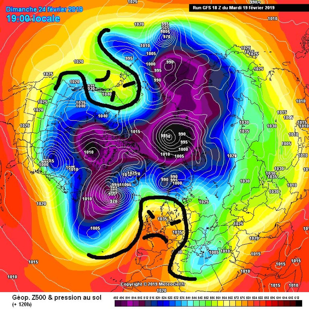 500hPa geopotential and ground pressure, Northern Hemisphere Sunday, 2/24/2019 Blocking high pressure ridges over ME and opposite in Alaska.