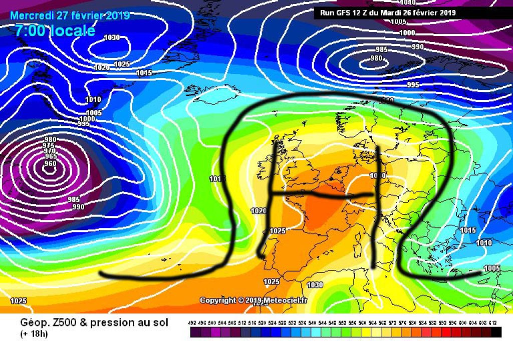 500hPa geopotential and ground pressure, Wednesday 27.2.19: Powerful high pressure area over ME.