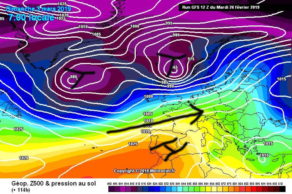500hPa geopotential and ground pressure, Sunday 3.3.19: Zonal westerly flow with a slight southerly component will cause unsettled weather and a rapid succession of sun and cloud icons.