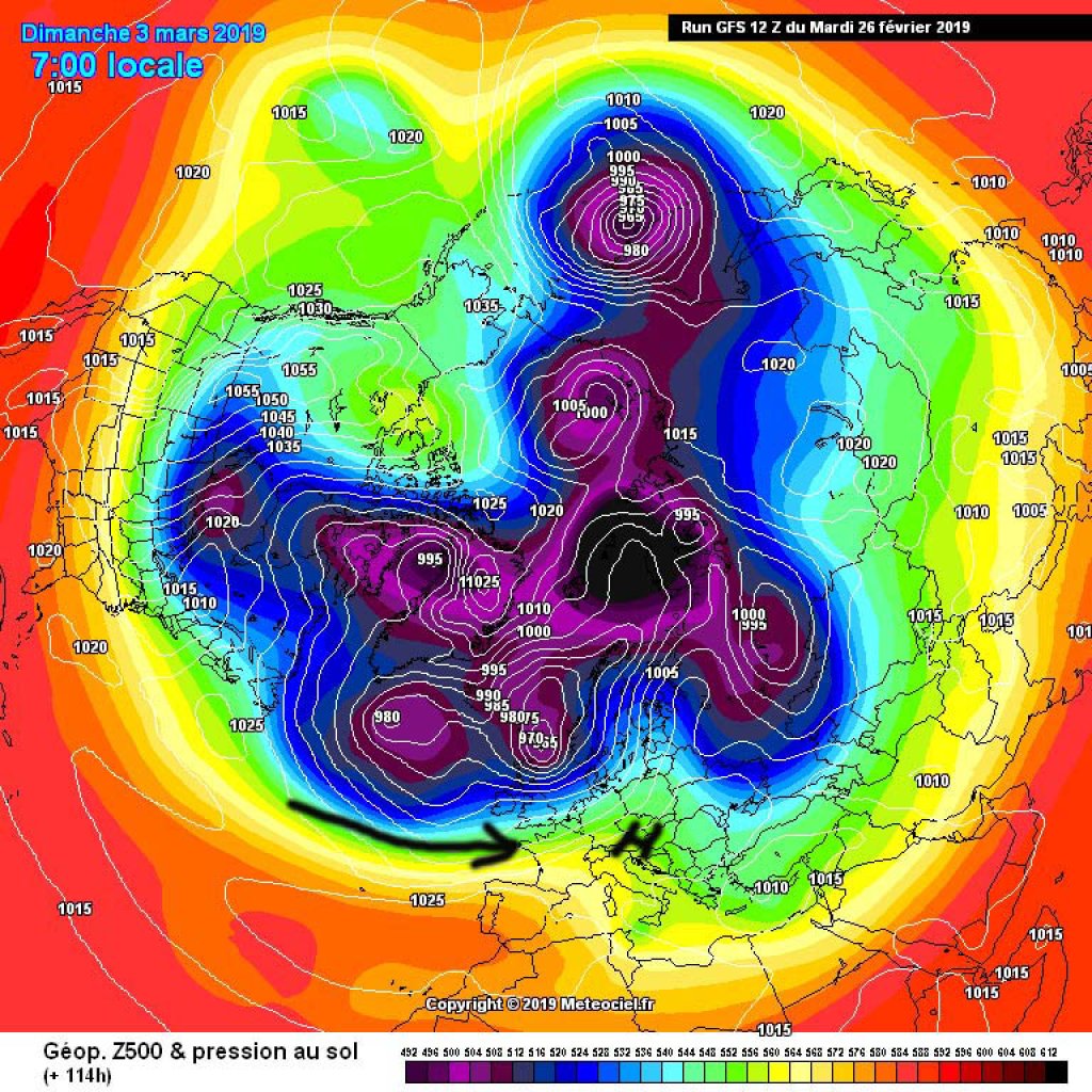 500hPa geopotential and surface pressure, Sunday 3.3.19: Northern hemisphere. Polar vortex still out of round, but zonal flow over the Atlantic.