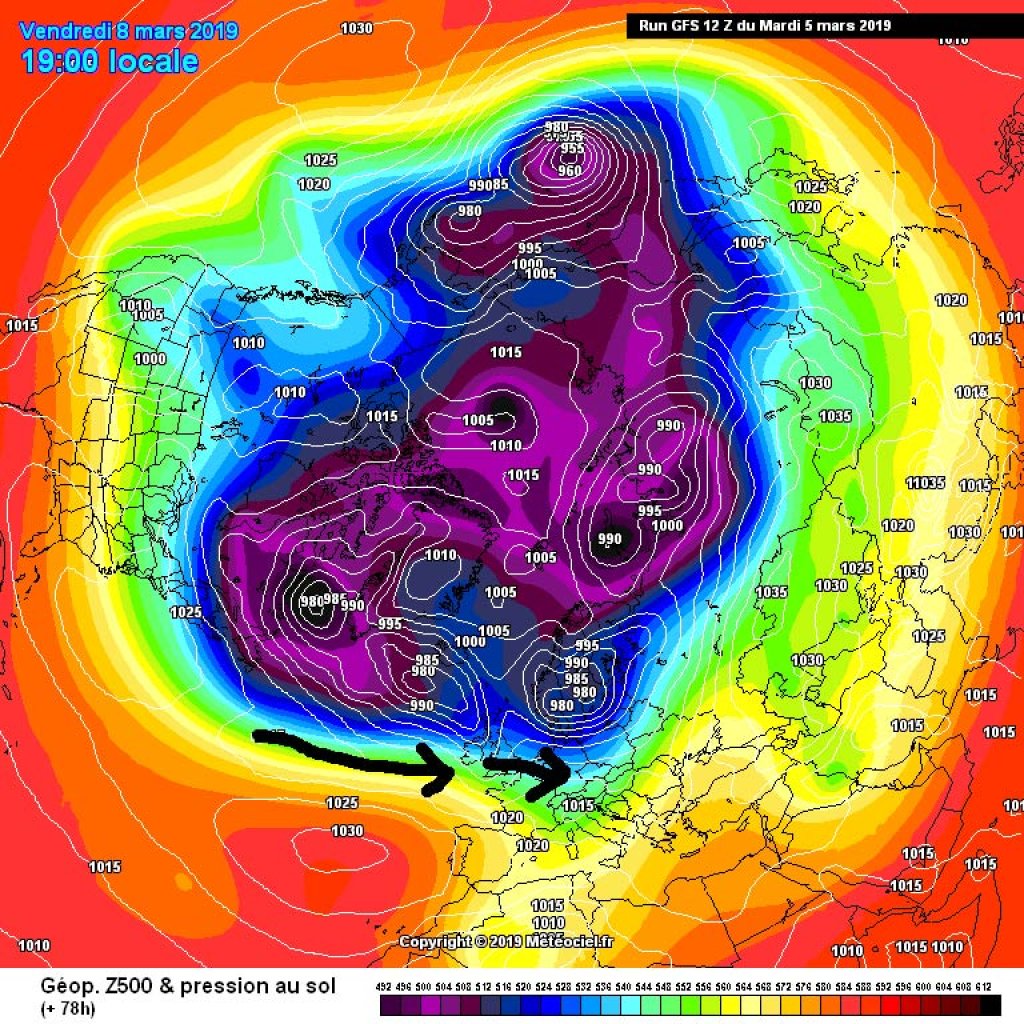 500hPa geopotential and ground pressure, Friday 8.3.19, strong westerly flow brings turbulent weekend.
