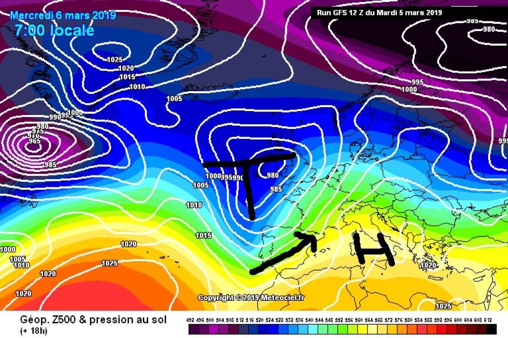 500hPa geopotential and ground pressure, Wednesday 5.3.19, current turns SW, brief foehn in the north, then cloudy.