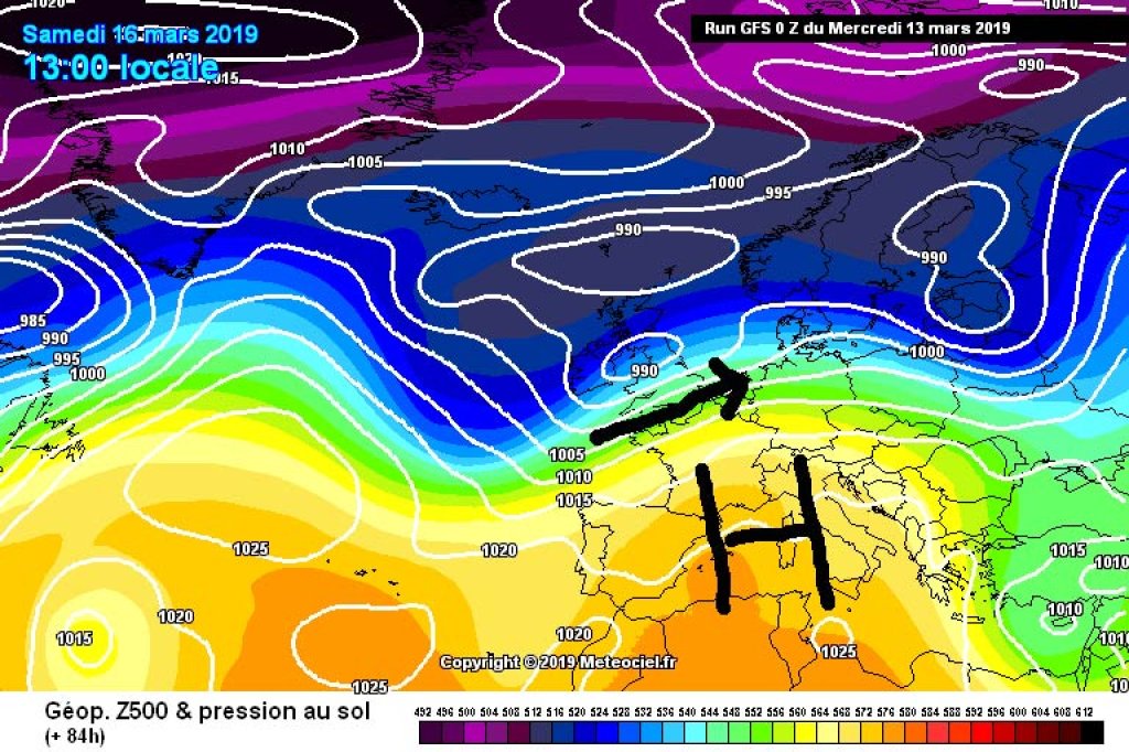 500hPa geopotential and ground pressure for Saturday, 16.3.19: The front has moved away and high pressure influence prevails.